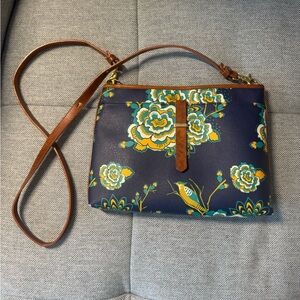 BRAHMIN Floral Crossbody Bag with Brown Strap - Navy, Yellow & Teal